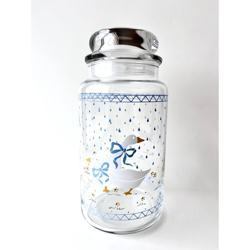 Vintage 80s Country Goose Glass Jar | Blue and White Ribbons | Mother Goose Kitc